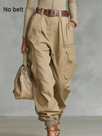 Women's high waist cargo work pants by FitiqueFit, tapered casual trousers with multiple functional pockets.