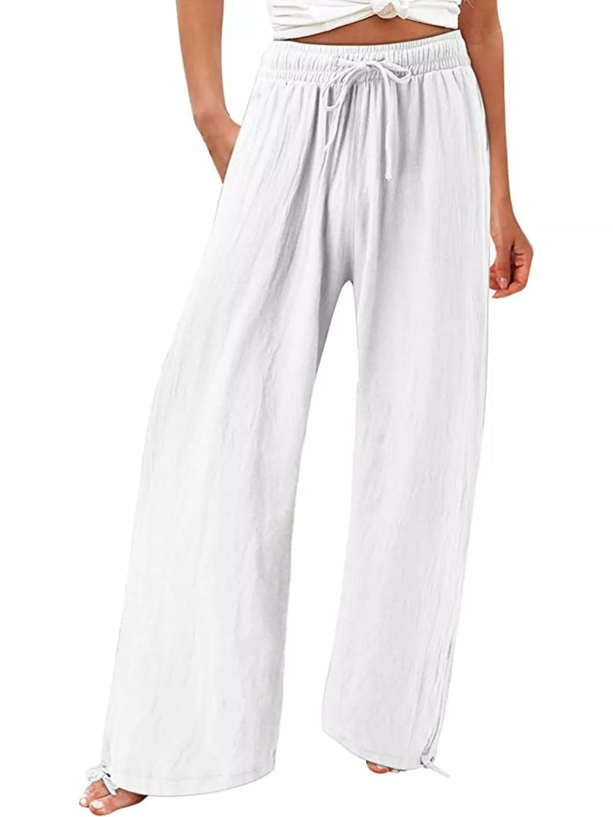 Plush Fashion Hub full-size wide-leg pants with drawstring waist, soft plush fabric, plus size, casual and comfortable.