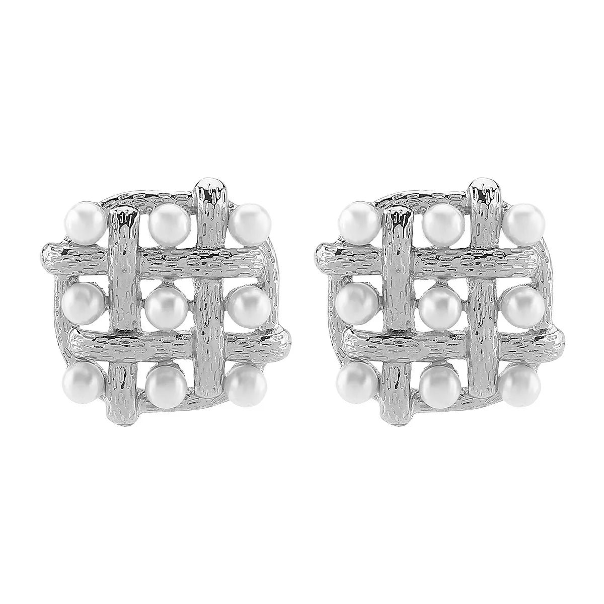 Pearl grid square stud earrings from Plush Fashion Hub featuring elegant white pearls on a silver square design.