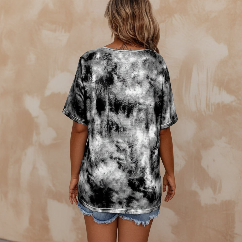 Women's tie-dye print drawstring T-shirt by Plush Fashion Hub, loose fit, short sleeve, casual style, colorful pattern.