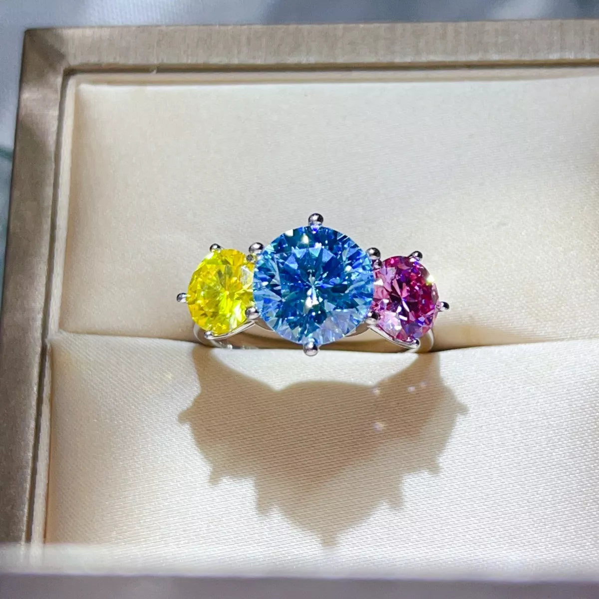 Sterling silver ring with a 5 carat moissanite gemstone, showcasing a sparkling, elegant jewelry design.