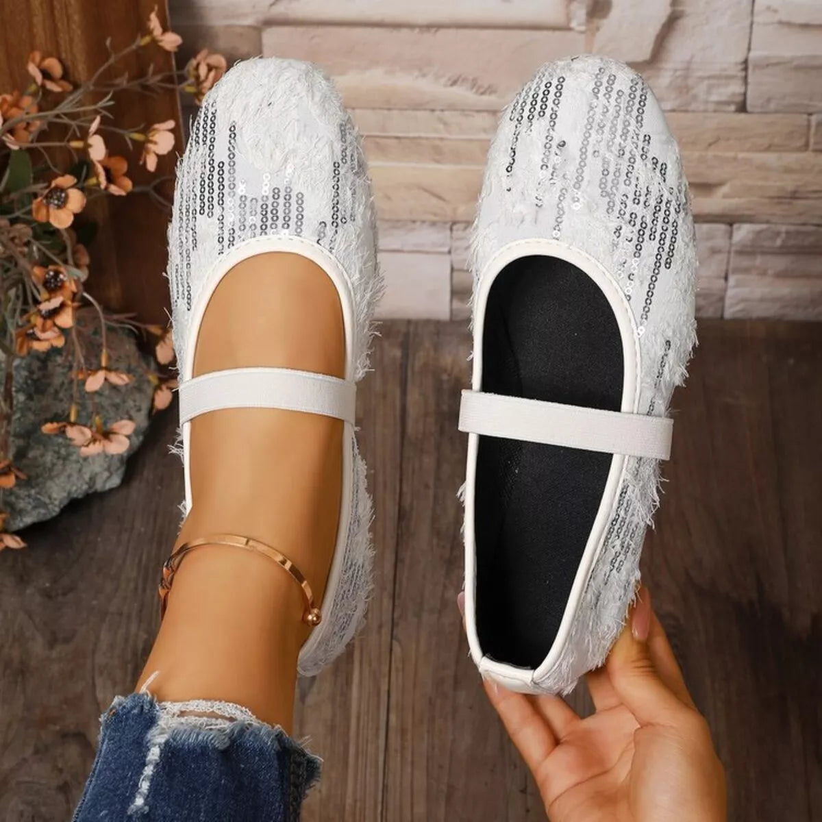 Women’s sparkling sequin round toe slip-on flats by Plush Fashion Hub, featuring a shiny, stylish design with comfortable fit.