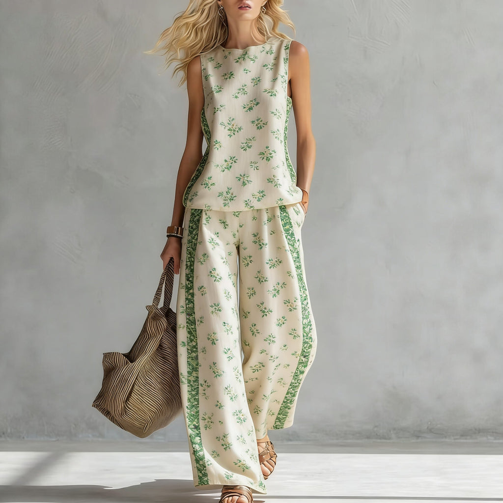 Women's sleeveless printed tank top and wide-leg pants two-piece casualwear set by Plush Fashion Hub, featuring vibrant patterns and comfortable fit.