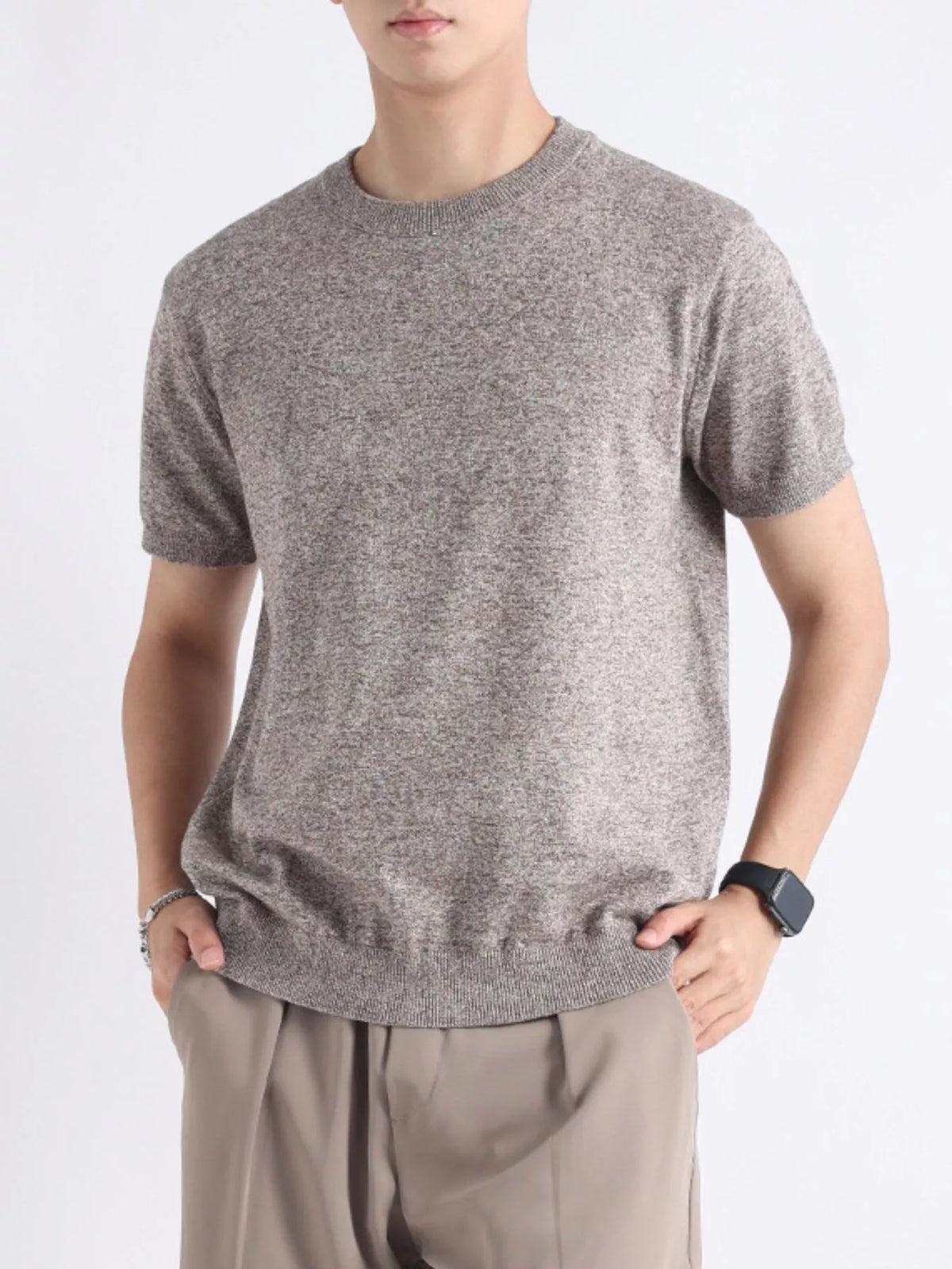 Plus size men's casual knitted short sleeve T-shirt from Plush Fashion Hub, featuring a comfortable and stylish tops design.