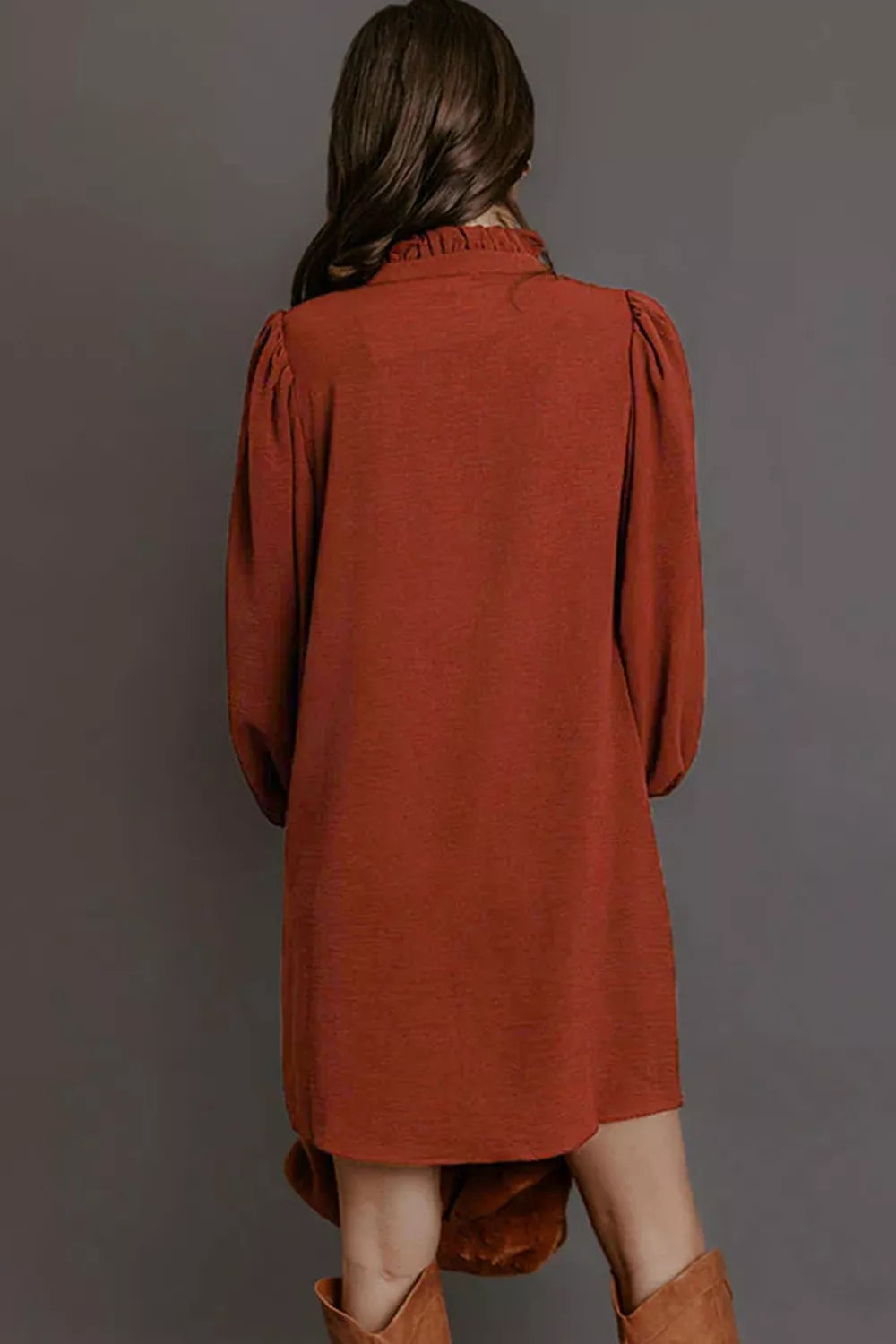 Solid Shift Long Sleeve Short Dress by Trendsi, featuring a stylish short dress with long sleeves and a sleek, solid design.