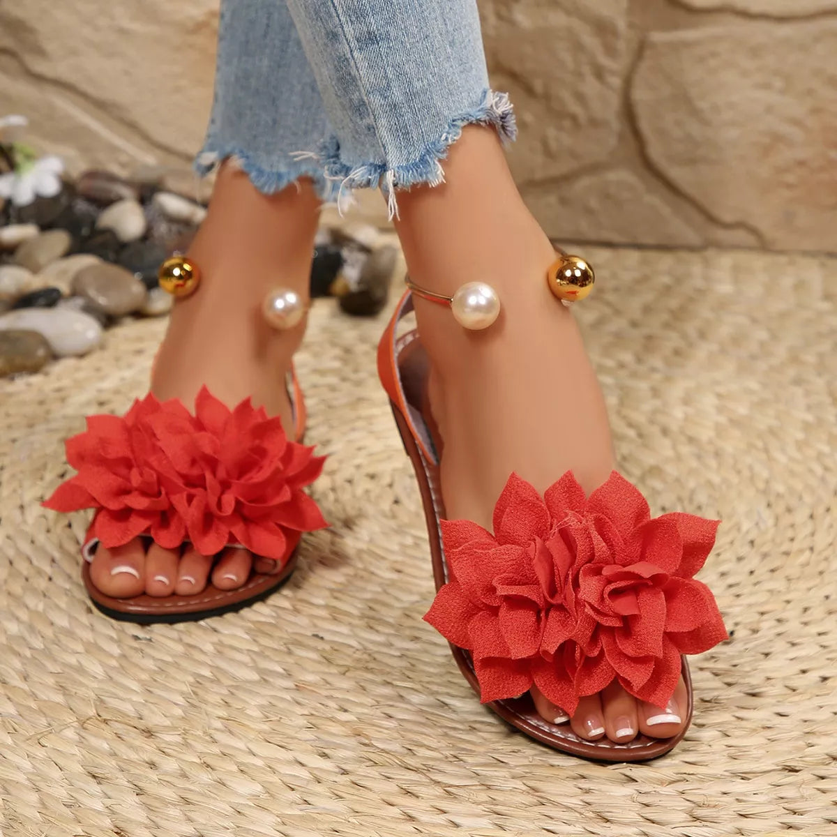 Plush Fashion Hub floral decor flat sandals with colorful flower embellishments and open toe design.