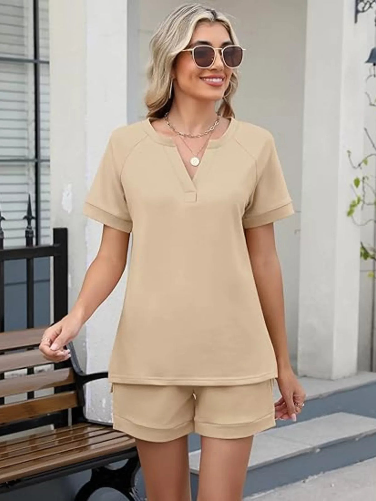 Solid color short sleeve top and matching shorts from Plush Fashion Hub two-piece apparel set, casual and comfortable summer outfit.