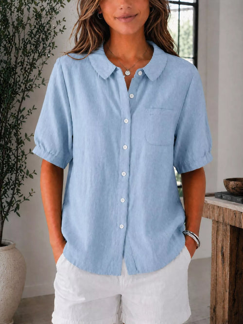 Plus size short sleeve button-up shirt from Trendsi, casual tops with a relaxed fit and classic collar, shown in a full-size view.