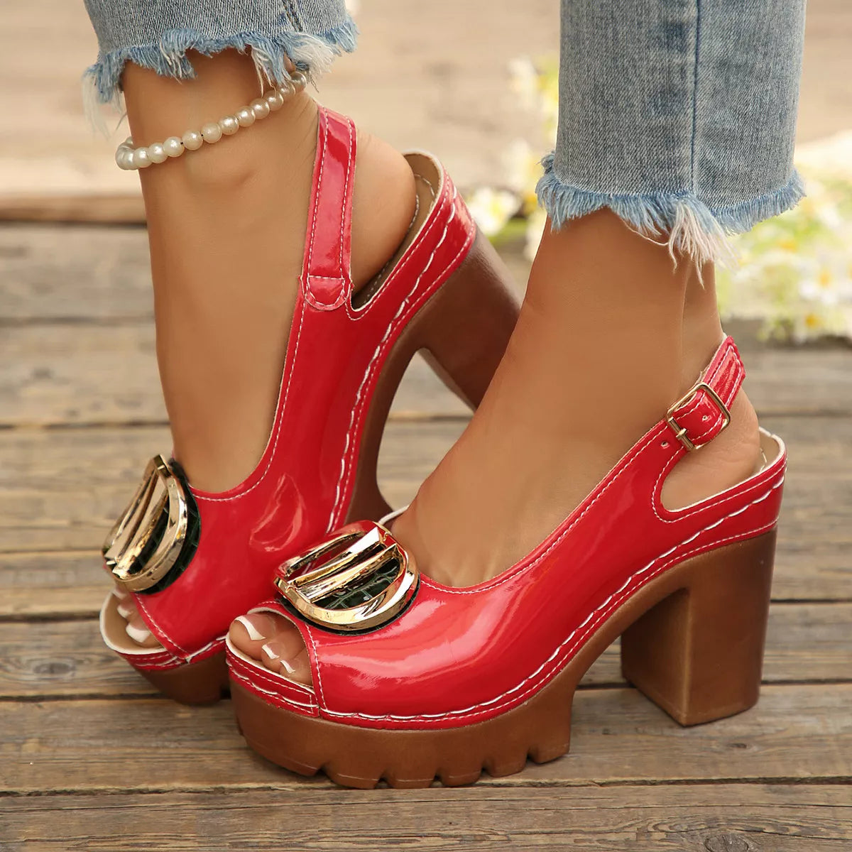 Plush Fashion Hub peep toe block heel sandals with cushioned insole and stylish design, perfect for casual or dressy occasions.