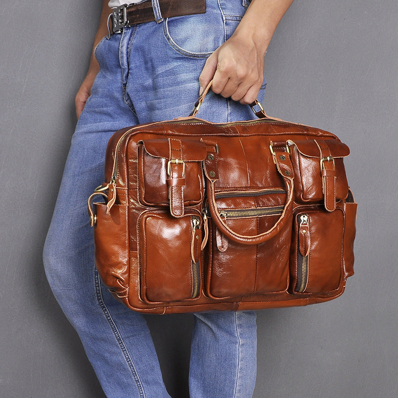 Pi-Mart first layer cowhide men's briefcase, 16-inch large-capacity leather briefcase with sturdy handle and multiple compartments.