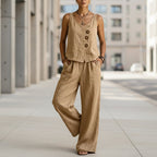 Women's sleeveless tank top and pants casualwear two-piece set by FitiqueFit, shown in a relaxed fit on model.