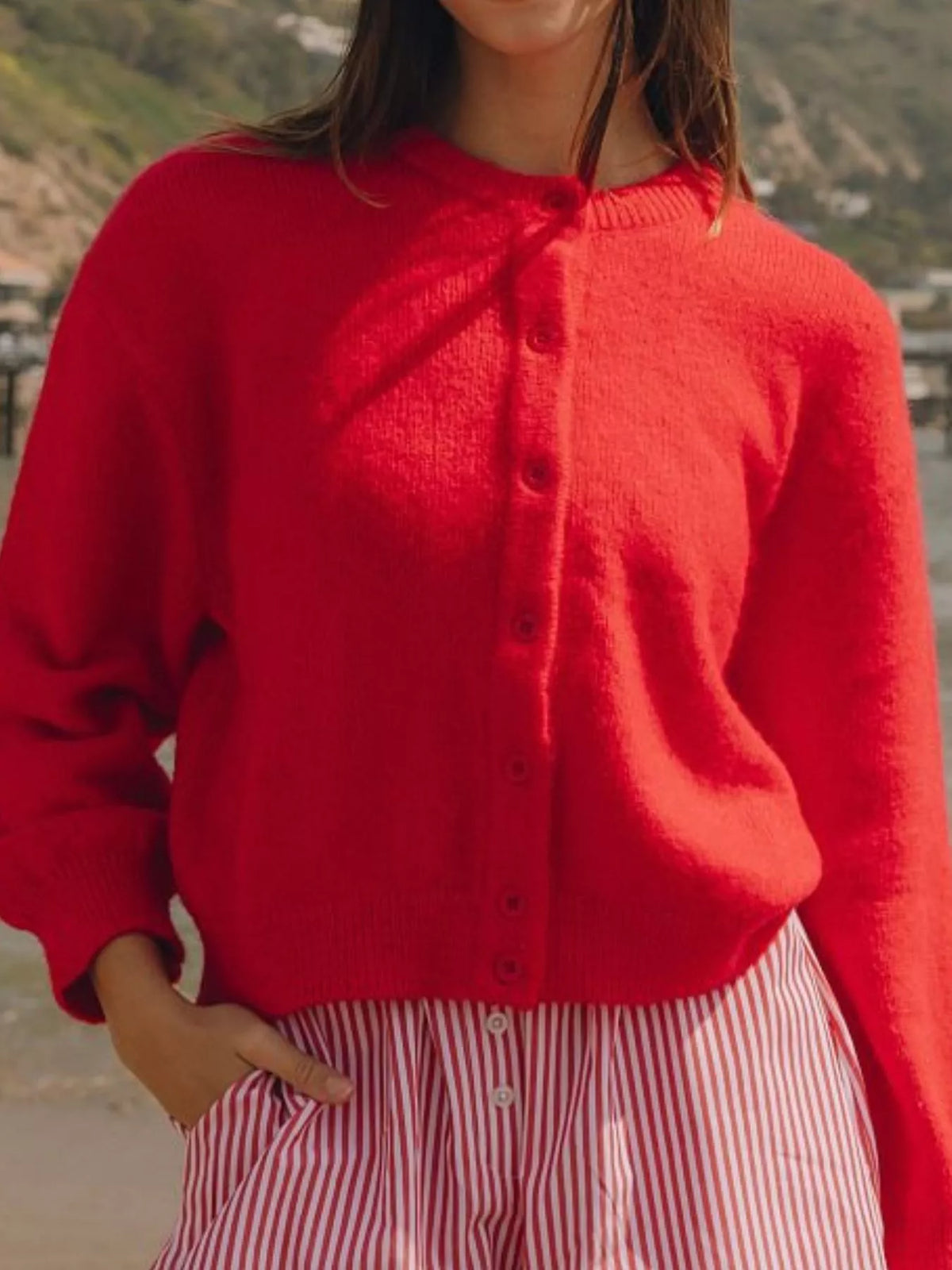 Simply Love button-down knit cardigan with long sleeves and ribbed cuffs, featuring a cozy, stylish design perfect for layering.