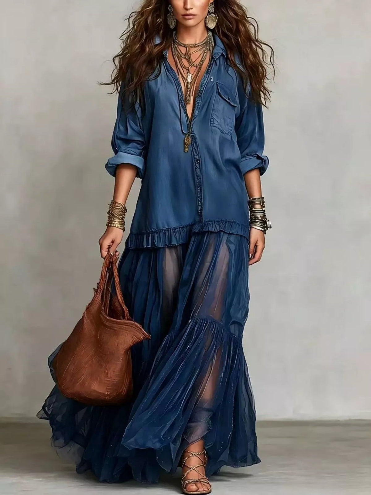Long sleeve sheer ruffle maxi dress by Plush Fashion Hub, flowing fabric with delicate ruffle details and elegant design.