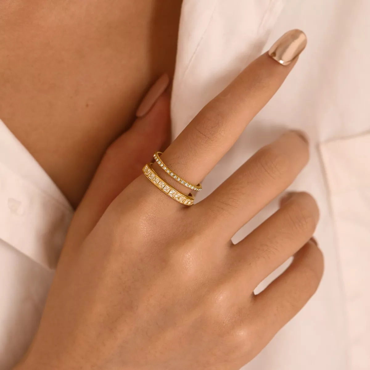 18K gold-plated rhinestone open ring from Plush Fashion Hub with sparkling stones and a sleek, modern design.