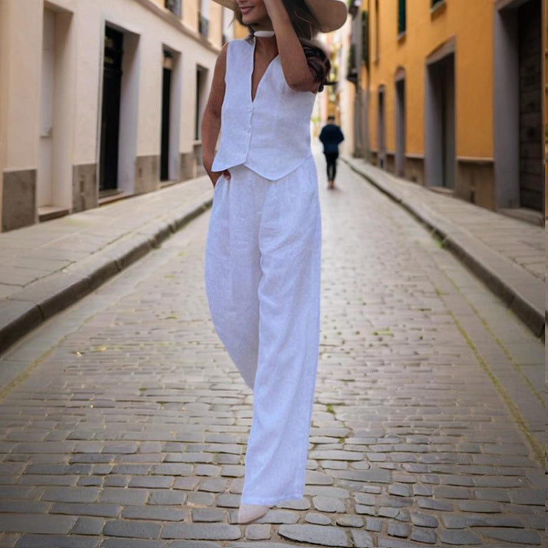 Women’s V-neck button-front vest and high-waist pants casualwear set by FitiqueFit, featuring a stylish, coordinated look.