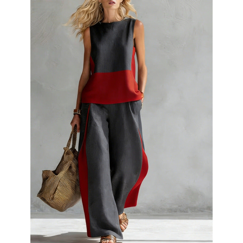 Printed retro sleeveless top and wide-leg pants set by FitiqueFit, featuring vibrant prints and a stylish two-piece design.