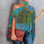 Women’s one-shoulder printed T-shirt by FitiqueFit, casualwear with a stylish one-shoulder design and vibrant print pattern.