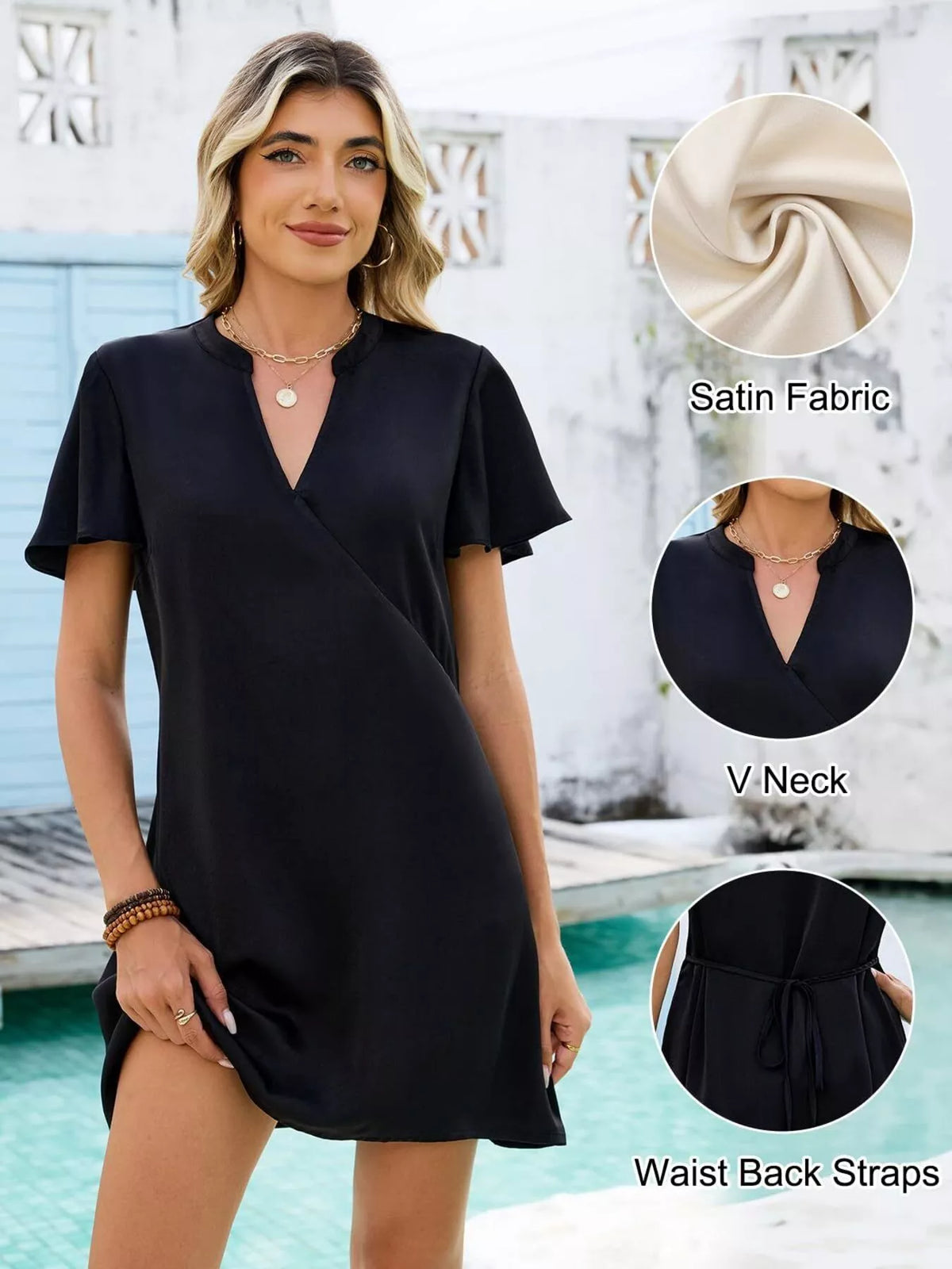 Women's casual summer shift dress with notched flutter sleeves from Plush Fashion Hub, featuring a relaxed, breezy design.