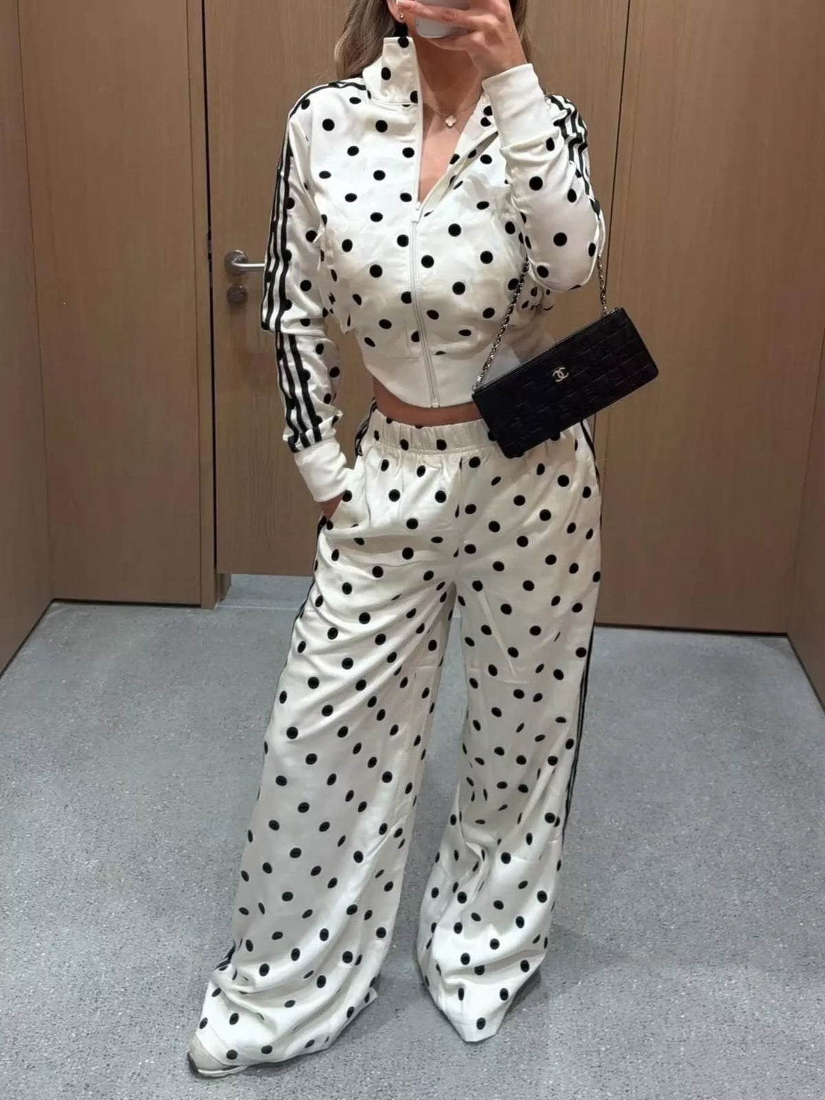 Plush Fashion Hub polka dot zip-up outerwear and matching pants set, casual stylish clothing for women or teens.