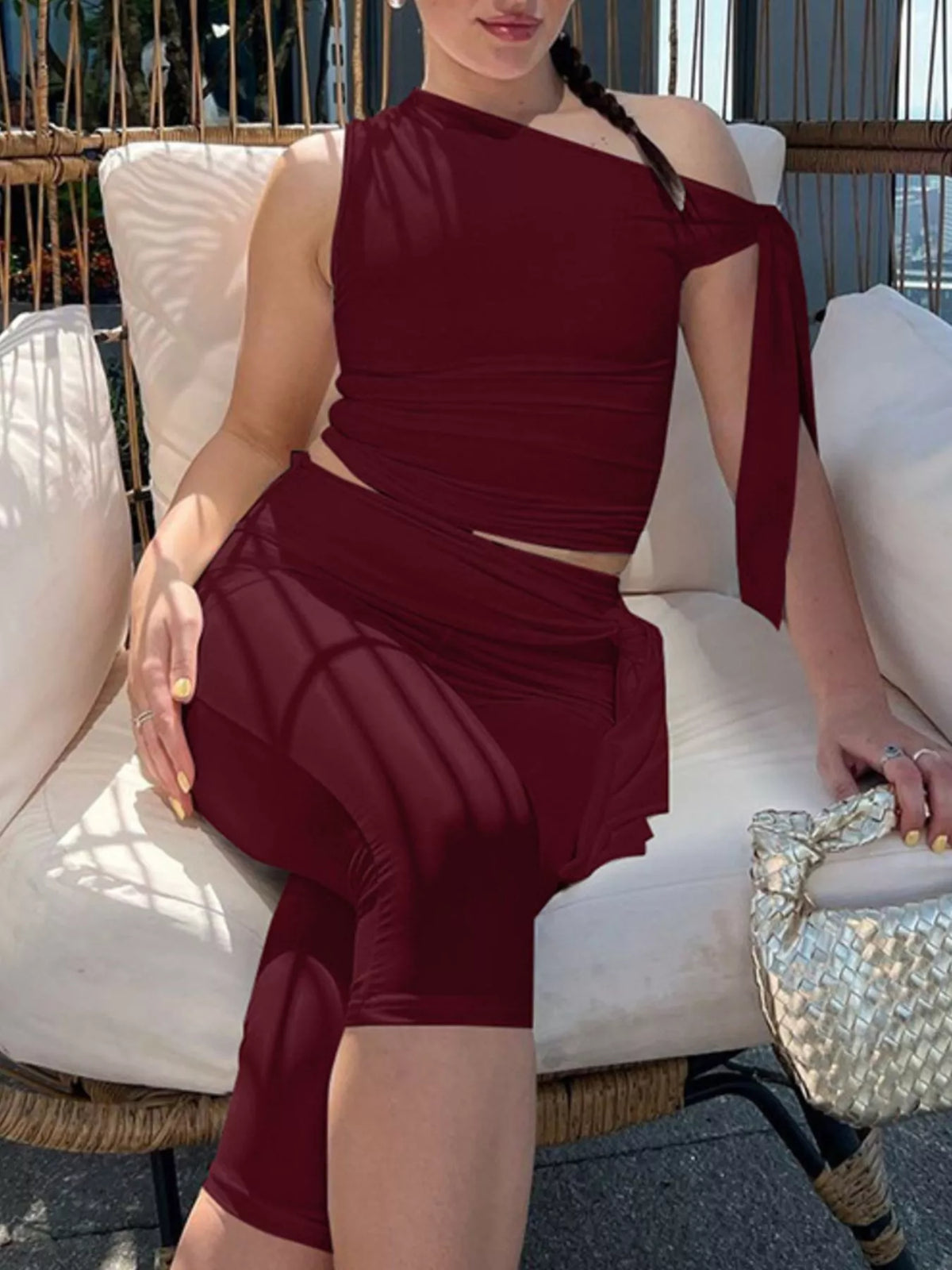 Asymmetrical one-shoulder top and capris set from Plush Fashion Hub, featuring a stylish top and matching fitted capris.
