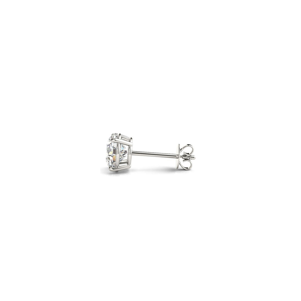 Certified IGI lab-grown round diamond stud earrings in 14k white gold with G/VS2 quality, featuring 1 cttw total weight.