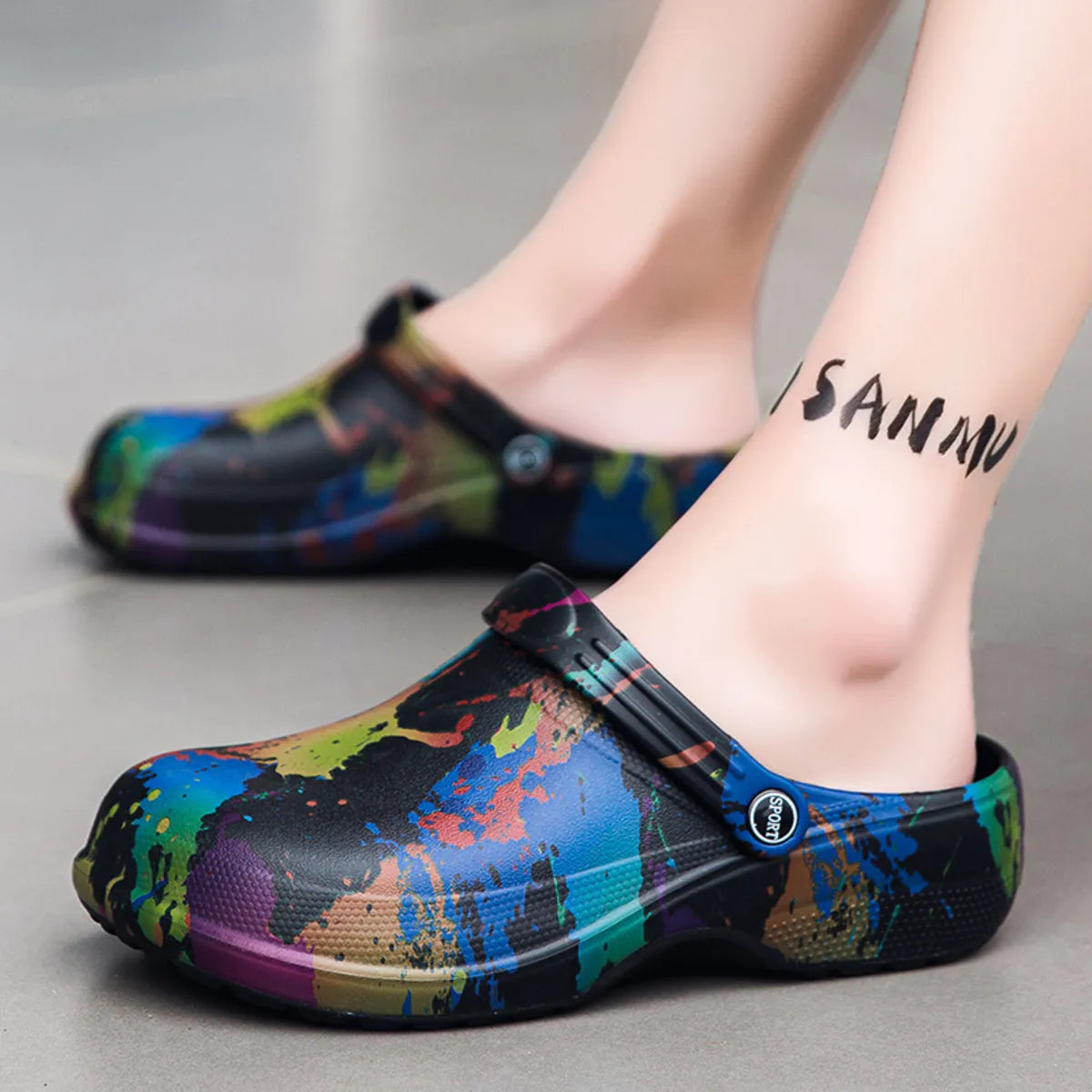 Men's colorful paint splash sandals from Plush Fashion Hub, showcasing vibrant, artistic design and comfortable footwear style.
