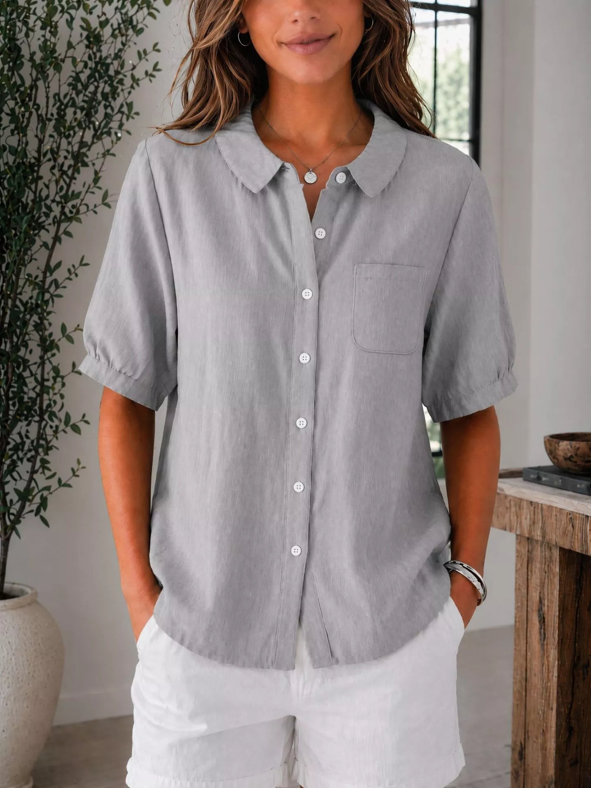 Plus size Trendsi short sleeve button-up shirt, full-size tops with a classic collar and front buttons, casual and comfortable fit.