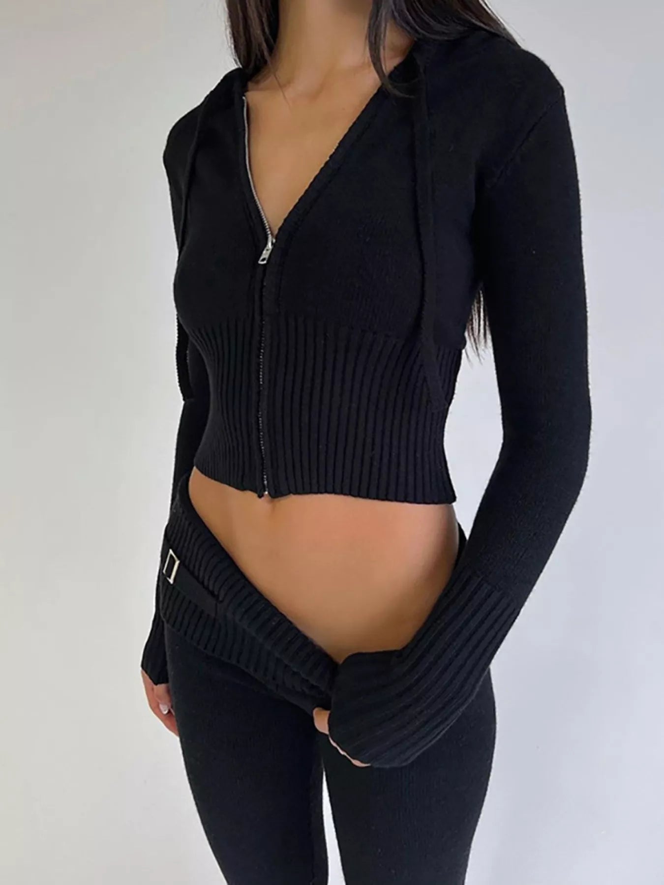 Plush Fashion Hub zip-up hooded cardigan and pants sweater set, soft knit fabric, cozy casual loungewear ensemble.