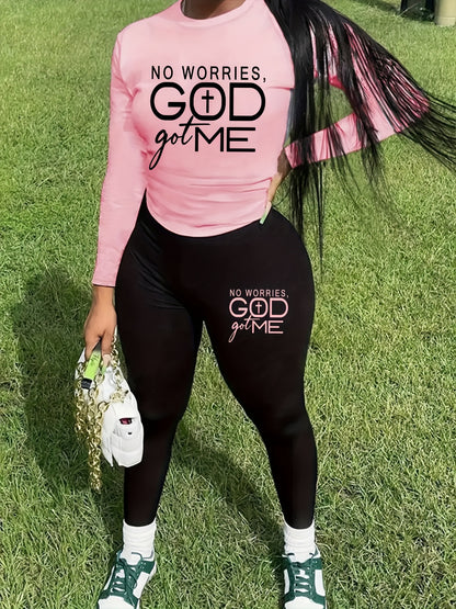 Plus Size Slogan Crew Neck Sports Set