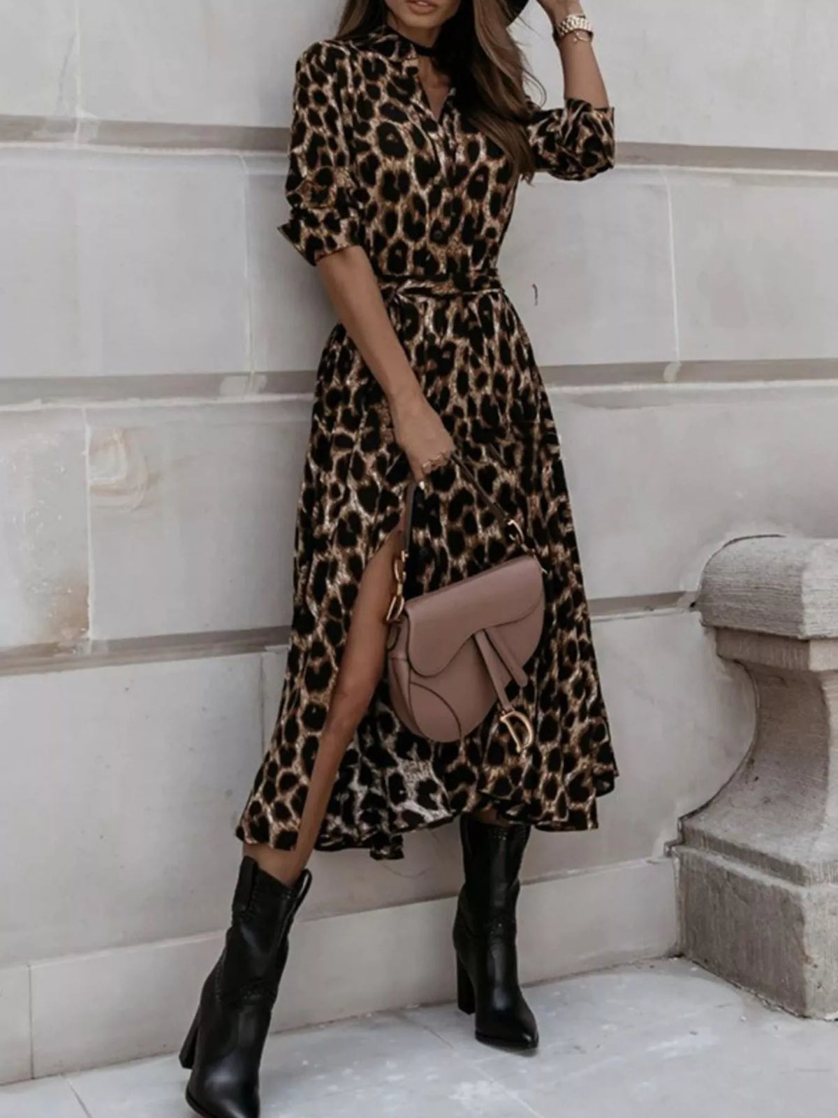 Leopard print button-down midi dress with belt from Trendsi, featuring a stylish flowy silhouette and animal print pattern.