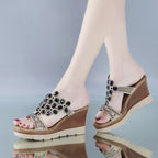 Women rhinestone platform sandals with heels, stylish slip-on slippers featuring sparkling details and comfortable design.
