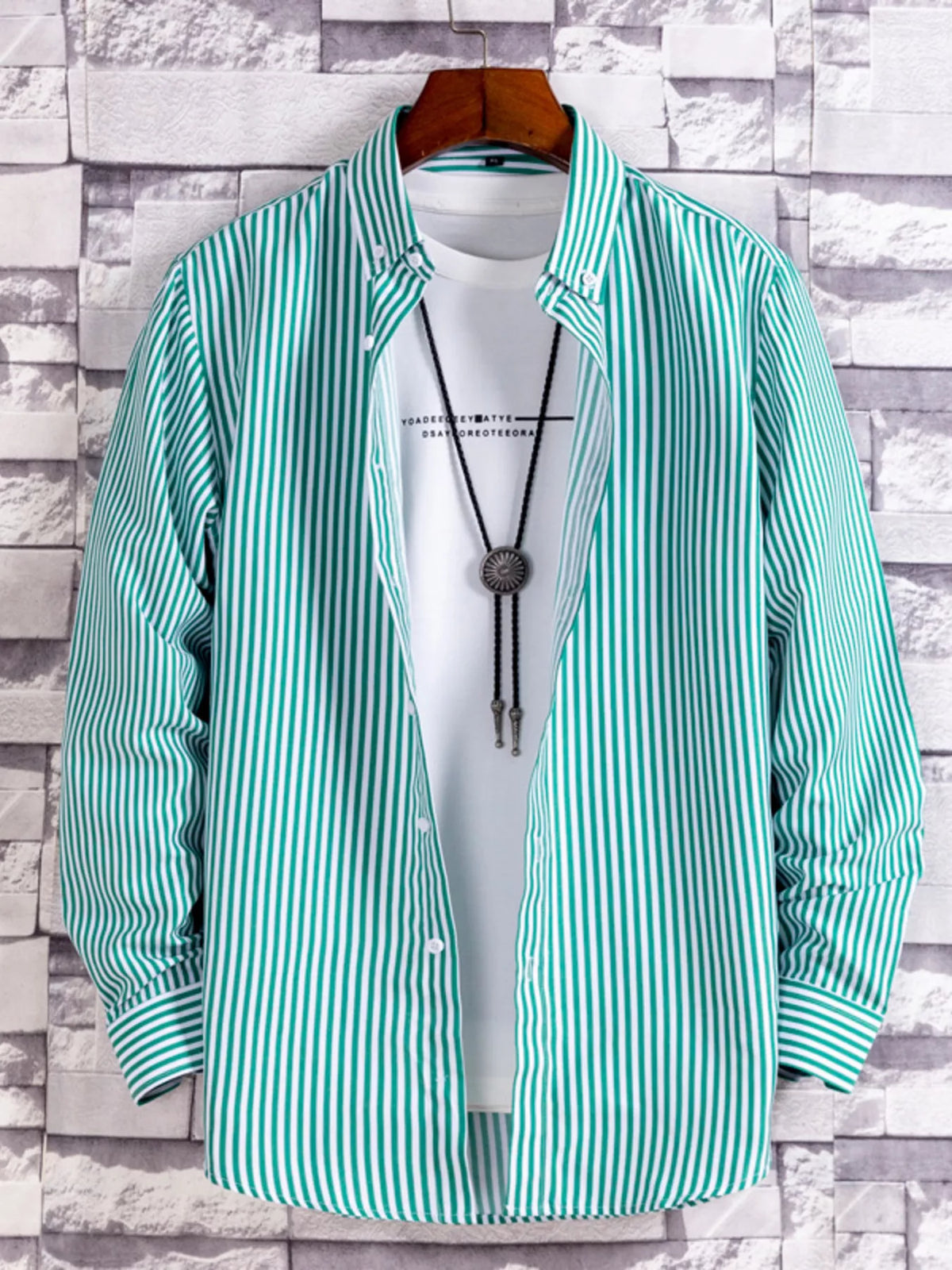 Men's plus size striped button-up casual shirt by Plush Fashion Hub, showing the front view with blue and white horizontal stripes.