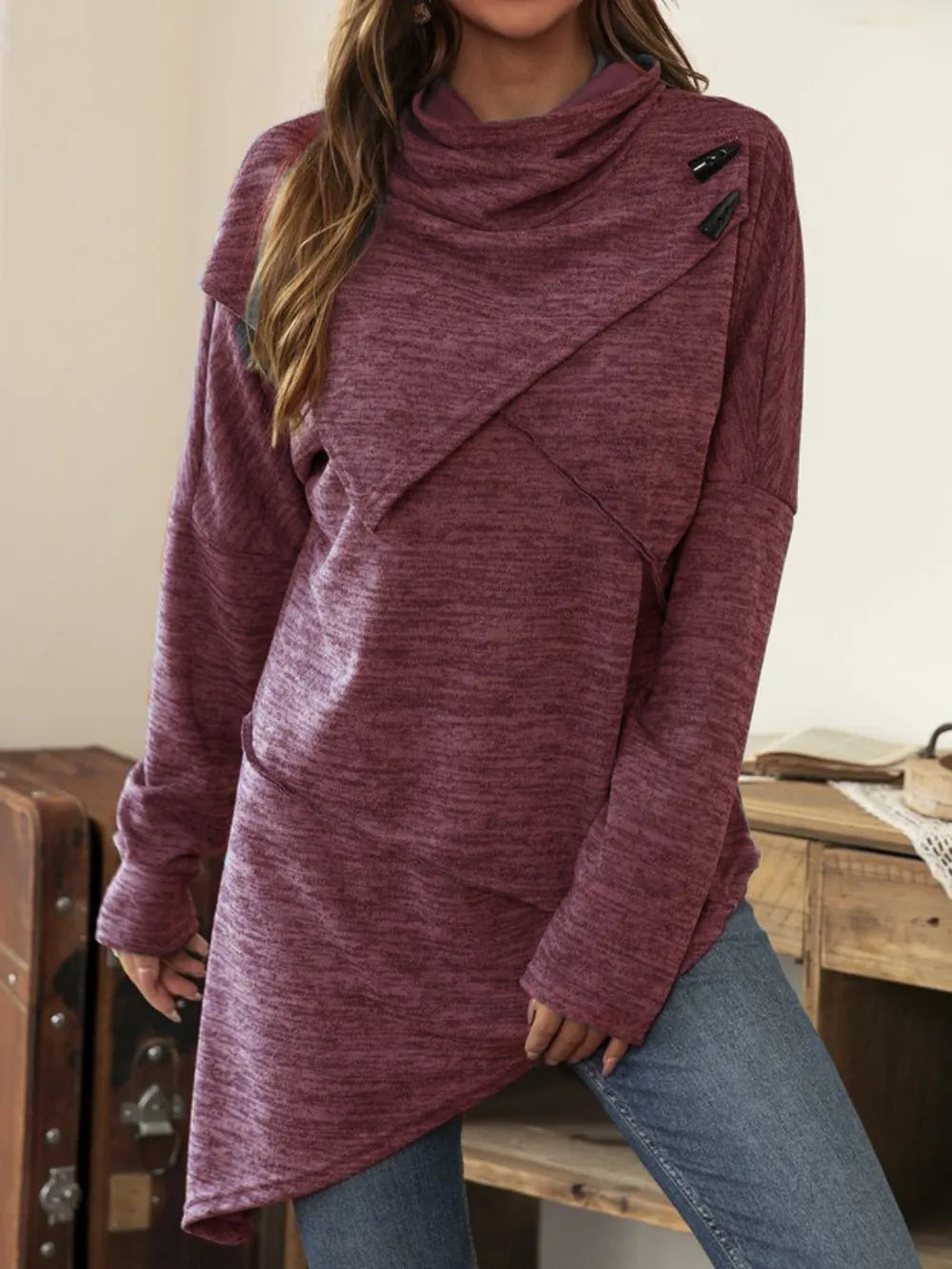 Long sleeve cowl neck t-shirt with asymmetrical hem from Plush Fashion Hub, featuring a draped cowl neckline and stylish uneven hemline.