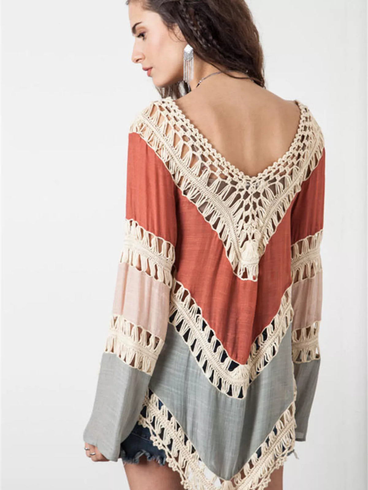 Crochet-trimmed long sleeve swim cover-up from Plush Fashion Hub, lightweight beachwear with intricate crochet details.