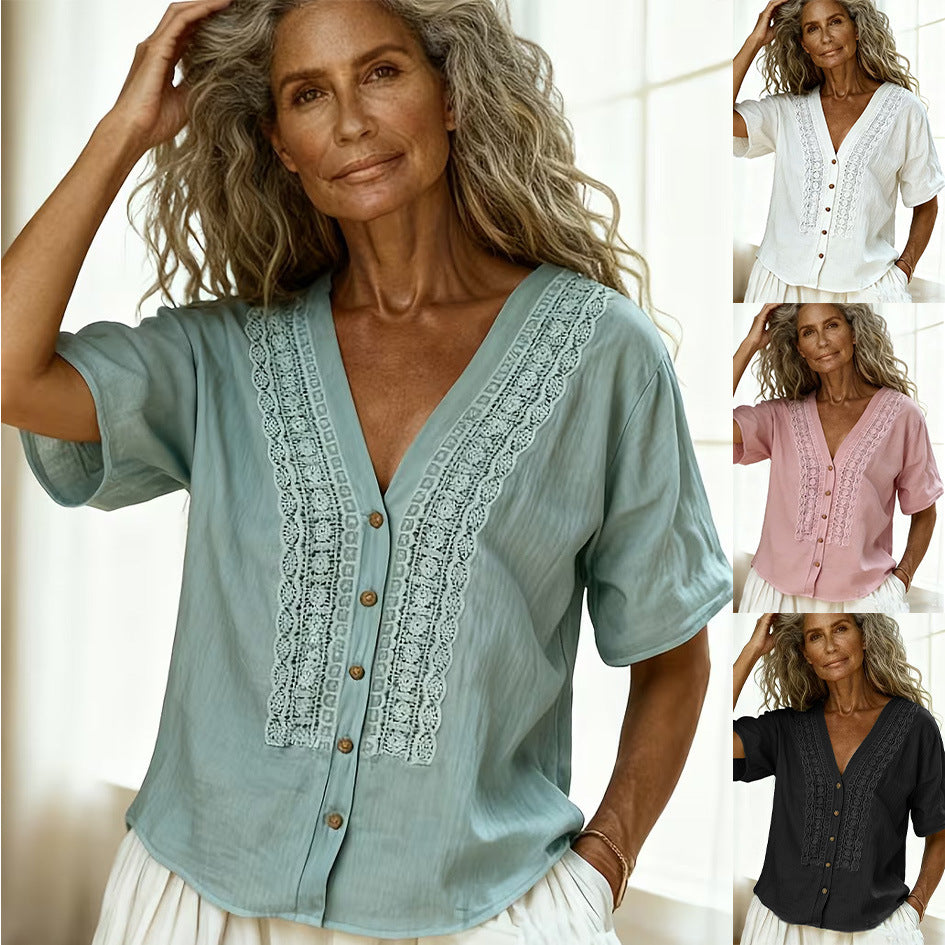 Women's loose-fit faux linen embroidered button-up top by FitiqueFit, featuring casualwear style and intricate embroidery details.