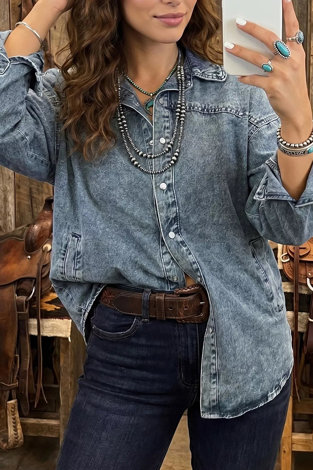 Western long sleeve denim jacket with collar, trendy tunic style by Trendsi, shown on a model with button details and classic fit.