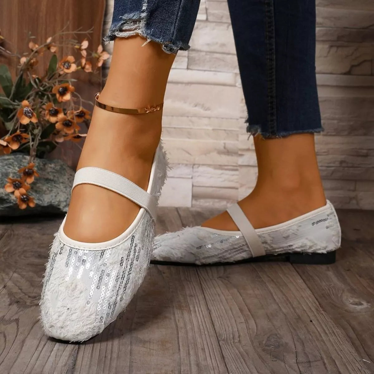 Women's sparkling sequin round toe slip-on flats by Plush Fashion Hub, featuring a stylish, shiny design and comfortable fit.