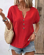 Women's buttoned V-neck short-sleeve T-shirt top by LadyShow.Store, featuring a classic design and comfortable fit.