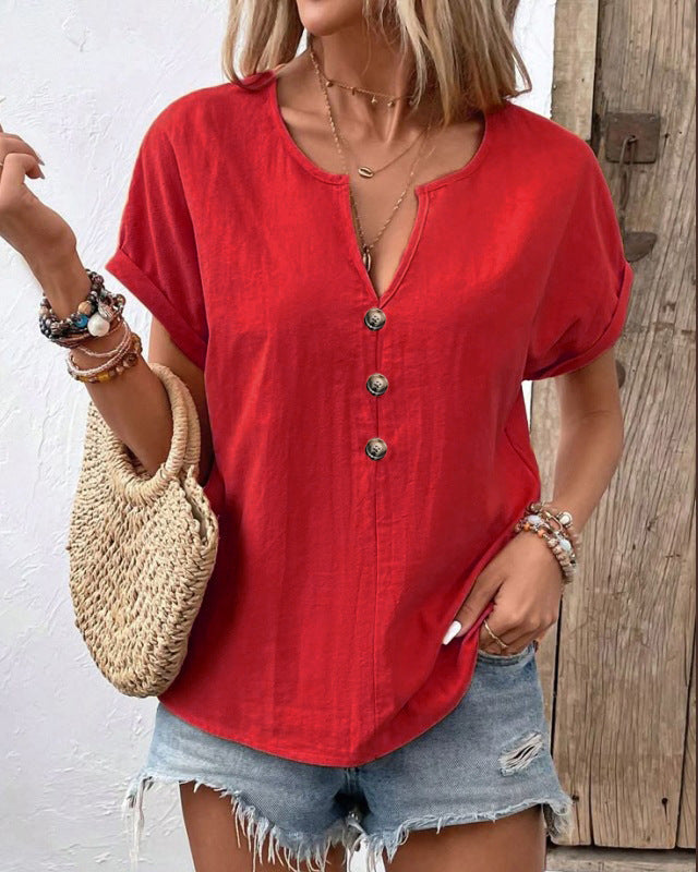 Women's buttoned V-neck short-sleeve T-shirt top by LadyShow.Store, featuring a classic design and comfortable fit.