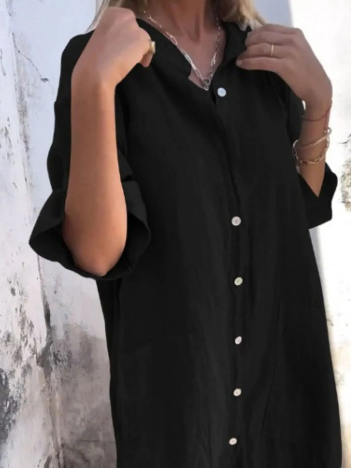 Plus size casual linen shirt dress by Trendsi, featuring a full-length button-down design with a relaxed fit and stylish collar.