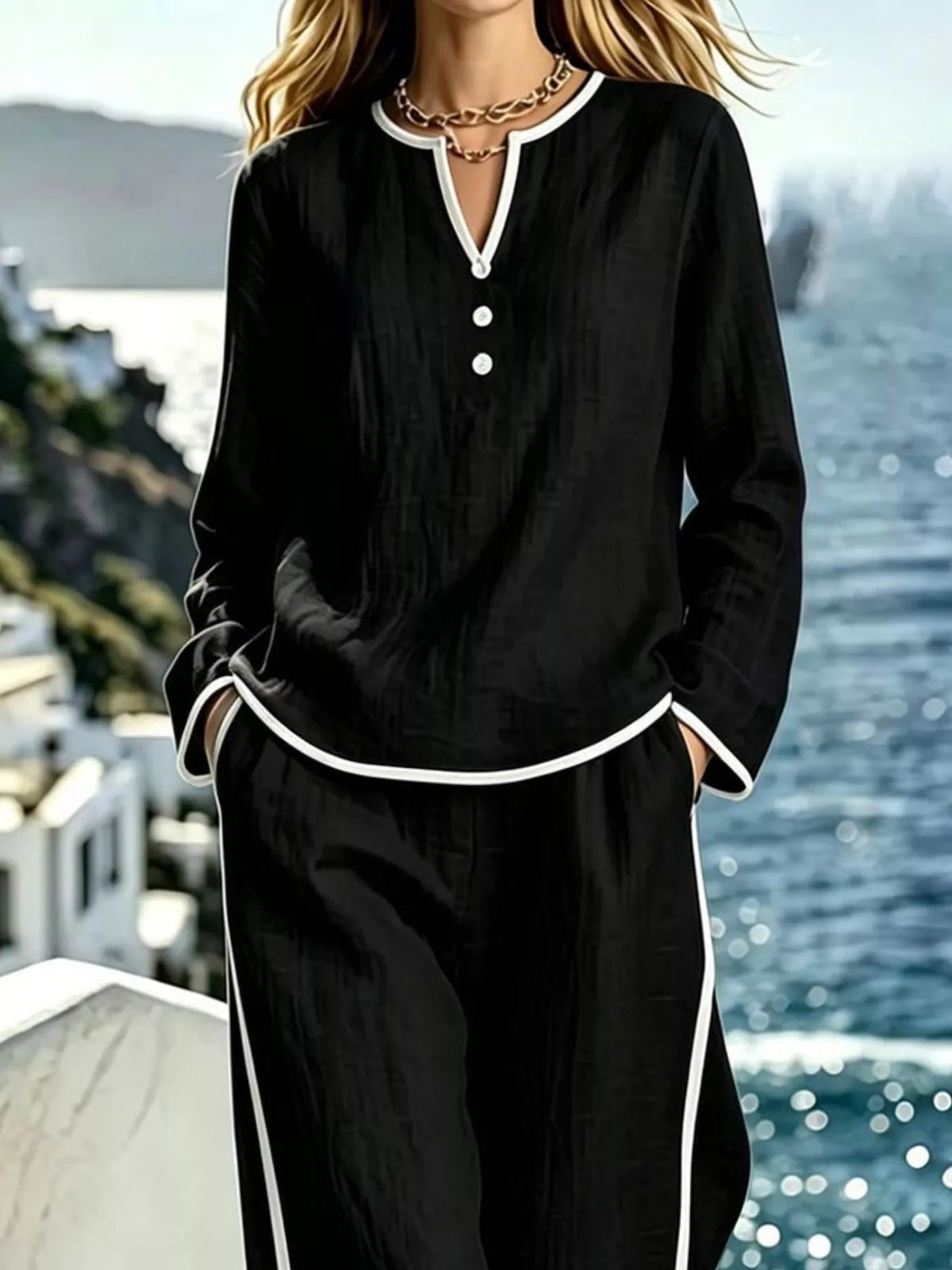 Contrast trim long sleeve top and pants set by Trendsi, featuring a coordinated casual outfit with color accents and comfortable fit.