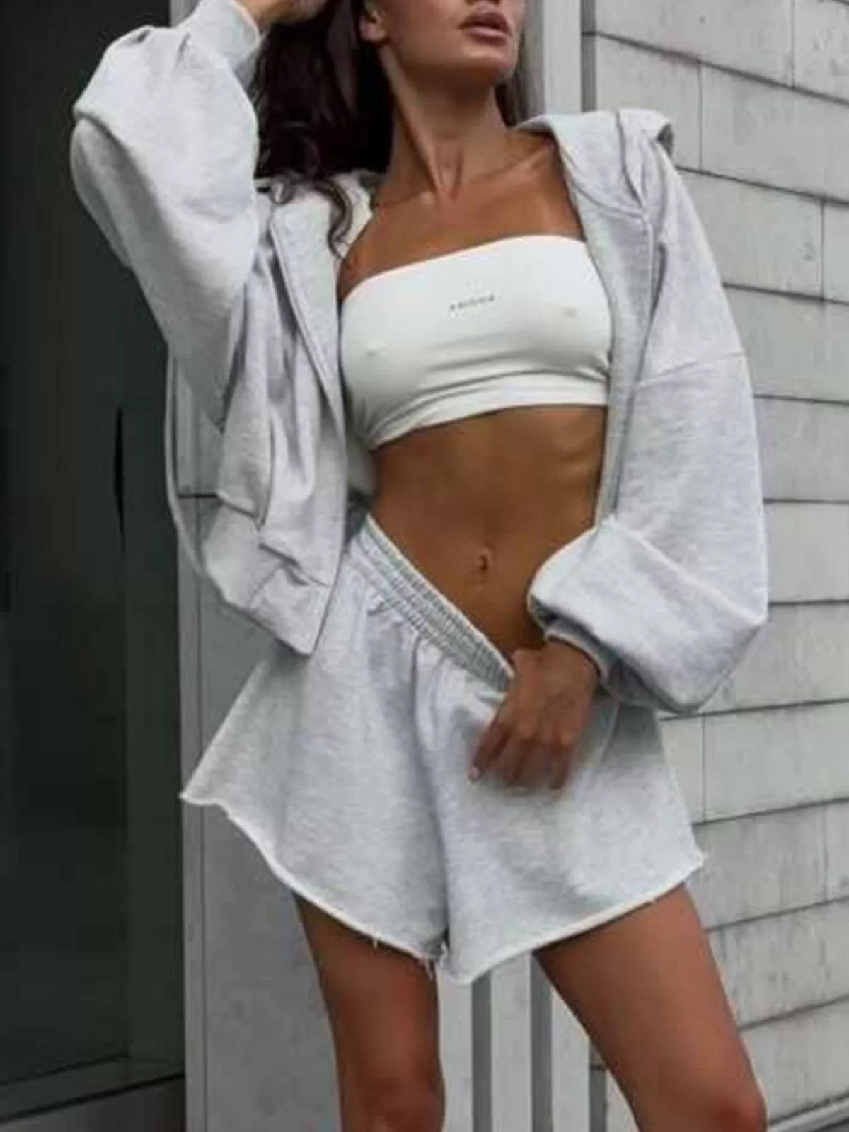 Plush Fashion Hub zip-up long sleeve outerwear and matching shorts set, stylish casual clothing for comfortable wear.