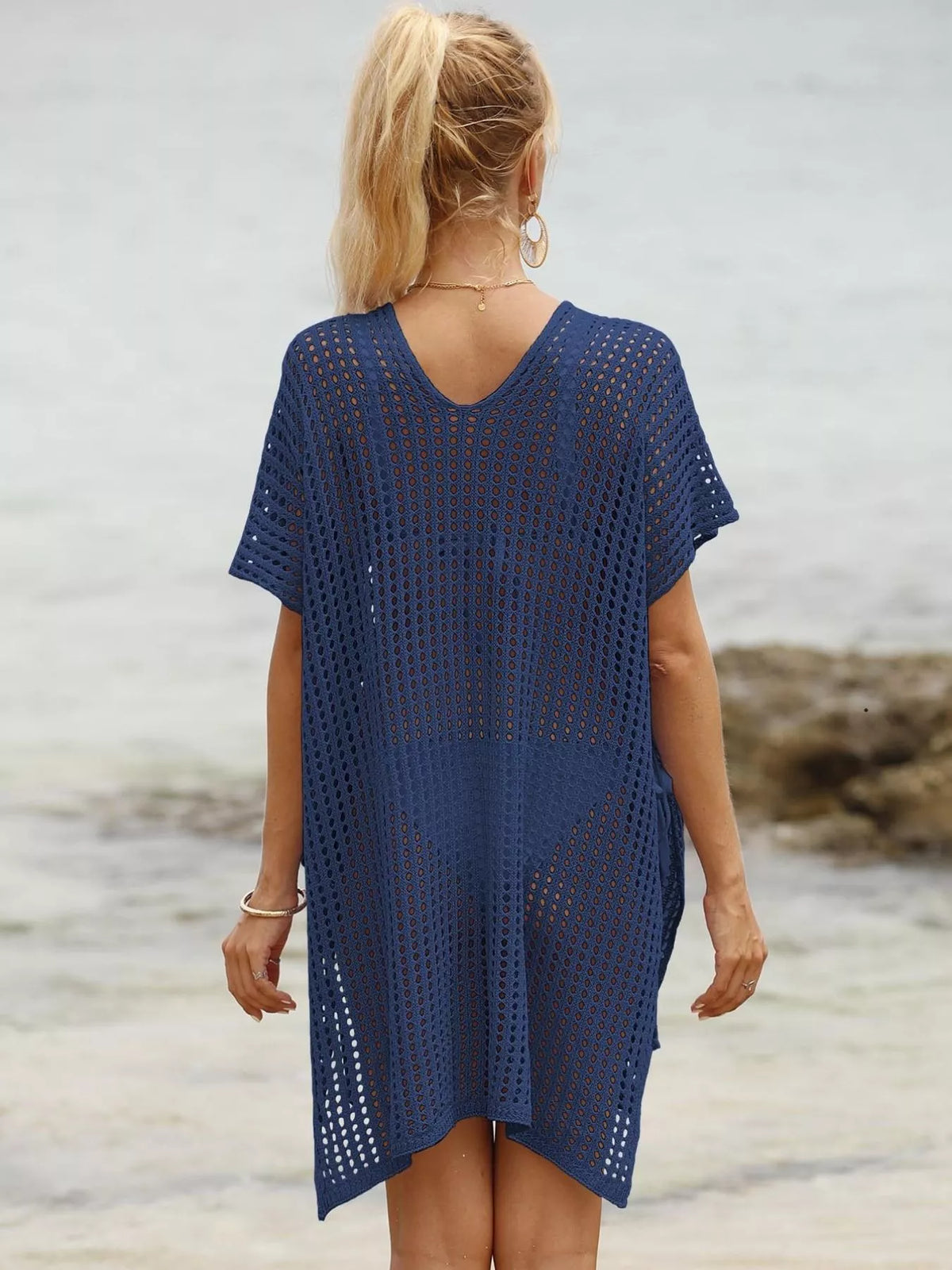 Openwork V-neck slit cover-up by Plush Fashion Hub featuring lightweight, breathable fabric and stylish openwork design.