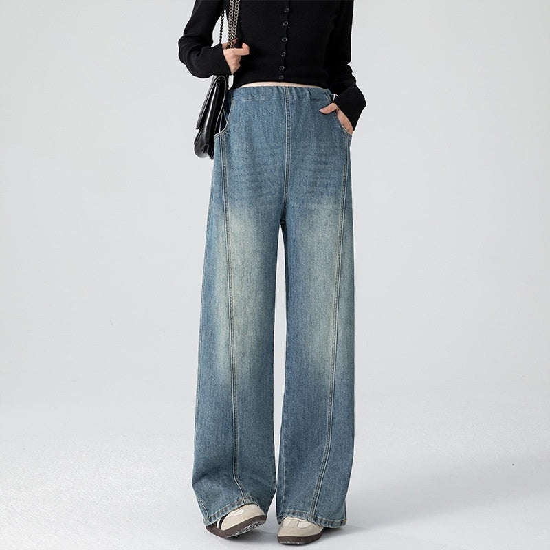 Casualwear maternity jeans with retro loose straight-leg style, high-waist, and floor-length wide-leg design by Plush Fashion Hub.