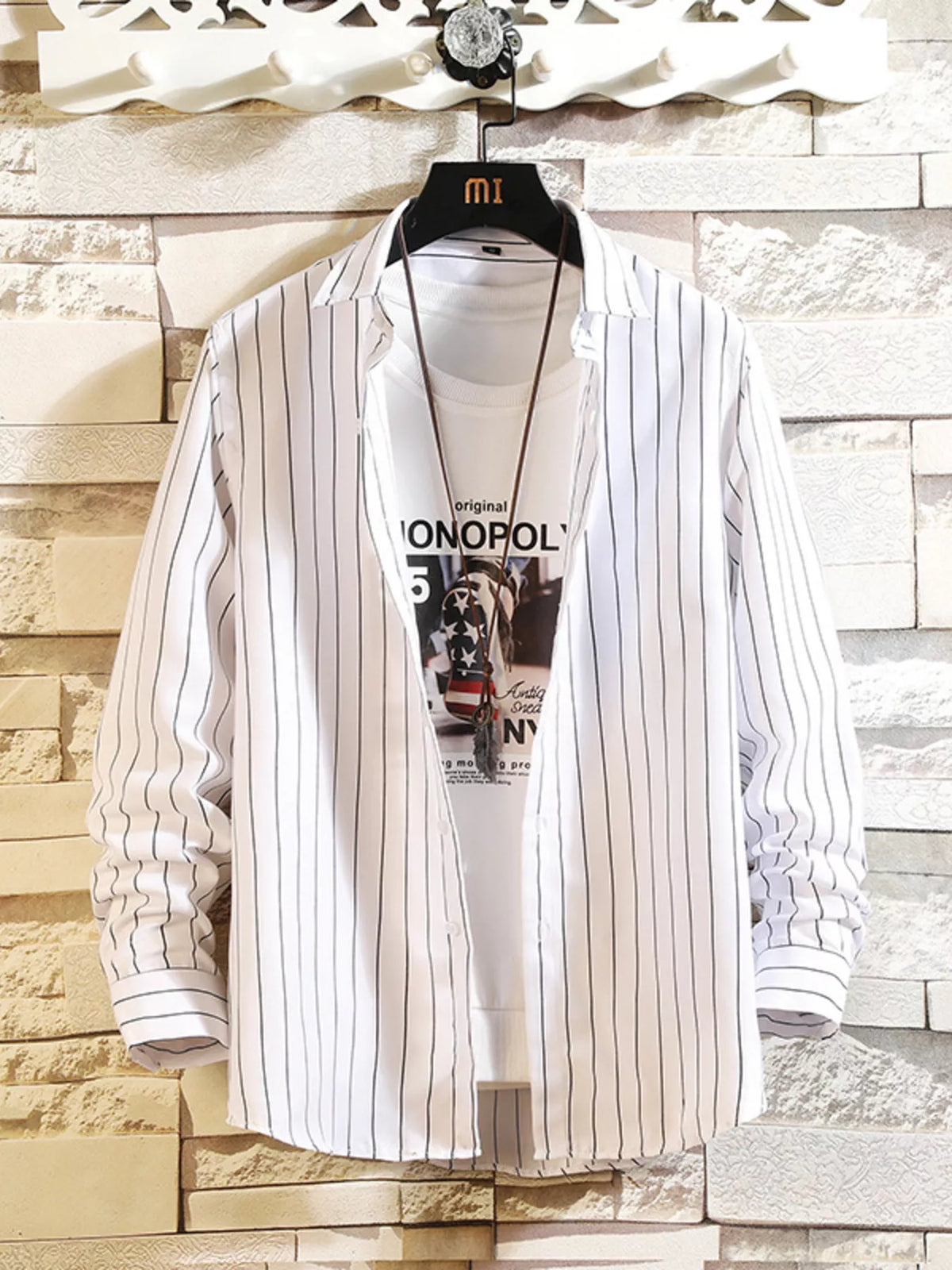 Men's plus size striped button-up casual shirt by Plush Fashion Hub, featuring a classic collar and long sleeves.