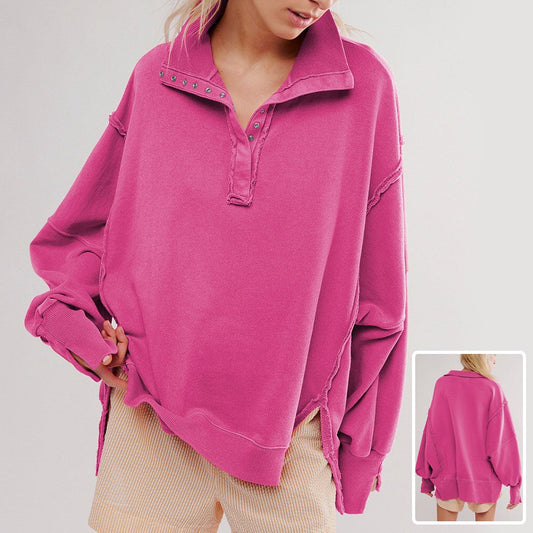 Fashion Button Lapel Sweatshirt With Slit Design Pullover Top SportsweElevate your sportswear with our Fashion Button Lapel Sweatshirt! Made with fine cotton hoodie and food wool, this pullover top is comfortable and stylish. The slit SweatshirtPlush Fashions ShopPlush Fashion Shop