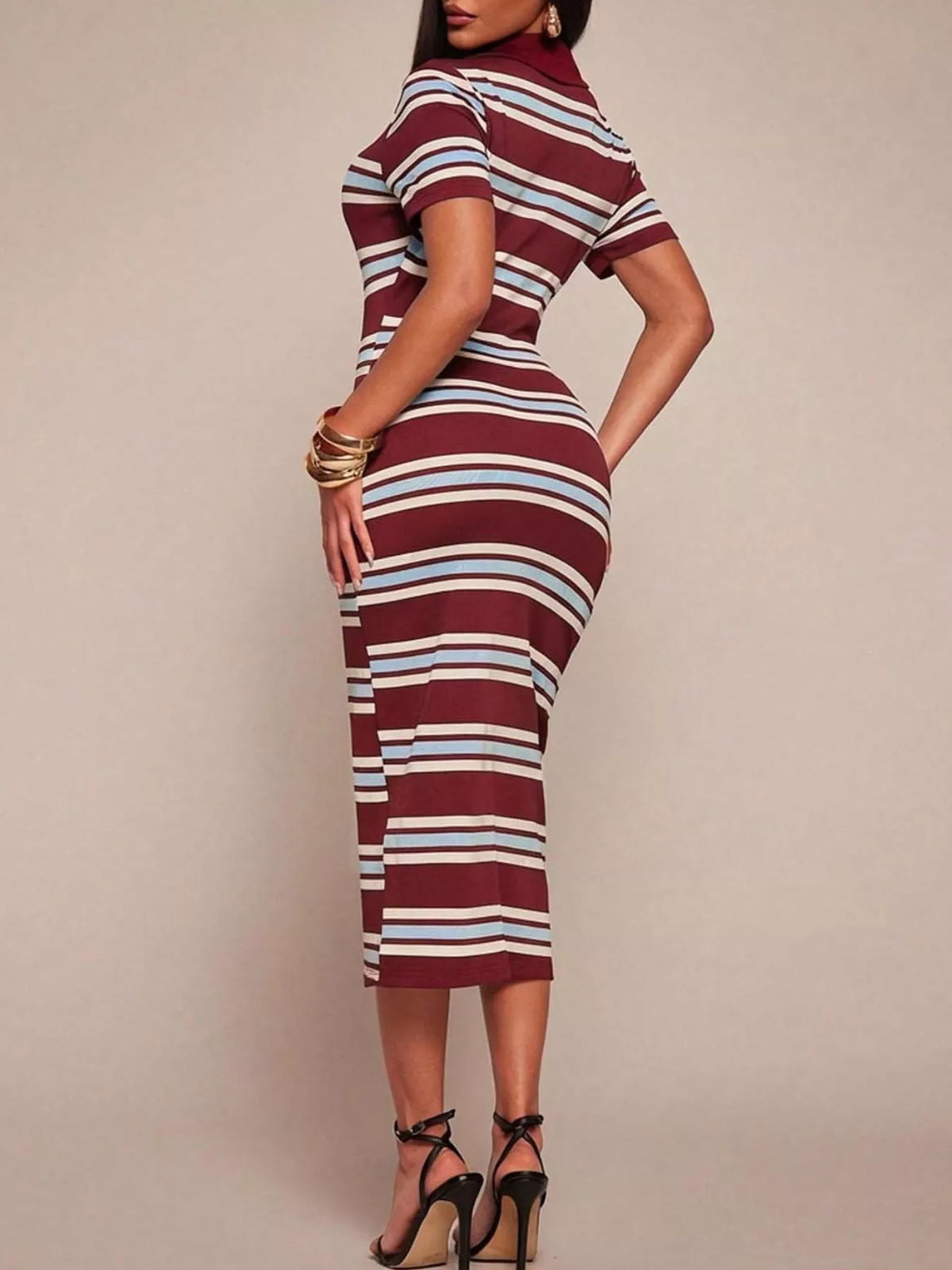 Striped polo collar midi dress from Plush Fashion Hub, showcasing a fitted silhouette with bold horizontal stripes and a classic polo neckline.