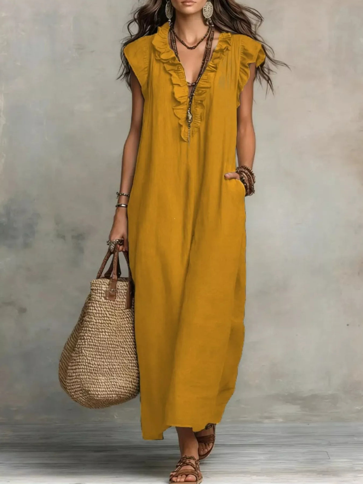 Plush Fashion Hub ruffled V-neck maxi dress with flowing fabric and elegant design, perfect for stylish summer or evening wear.
