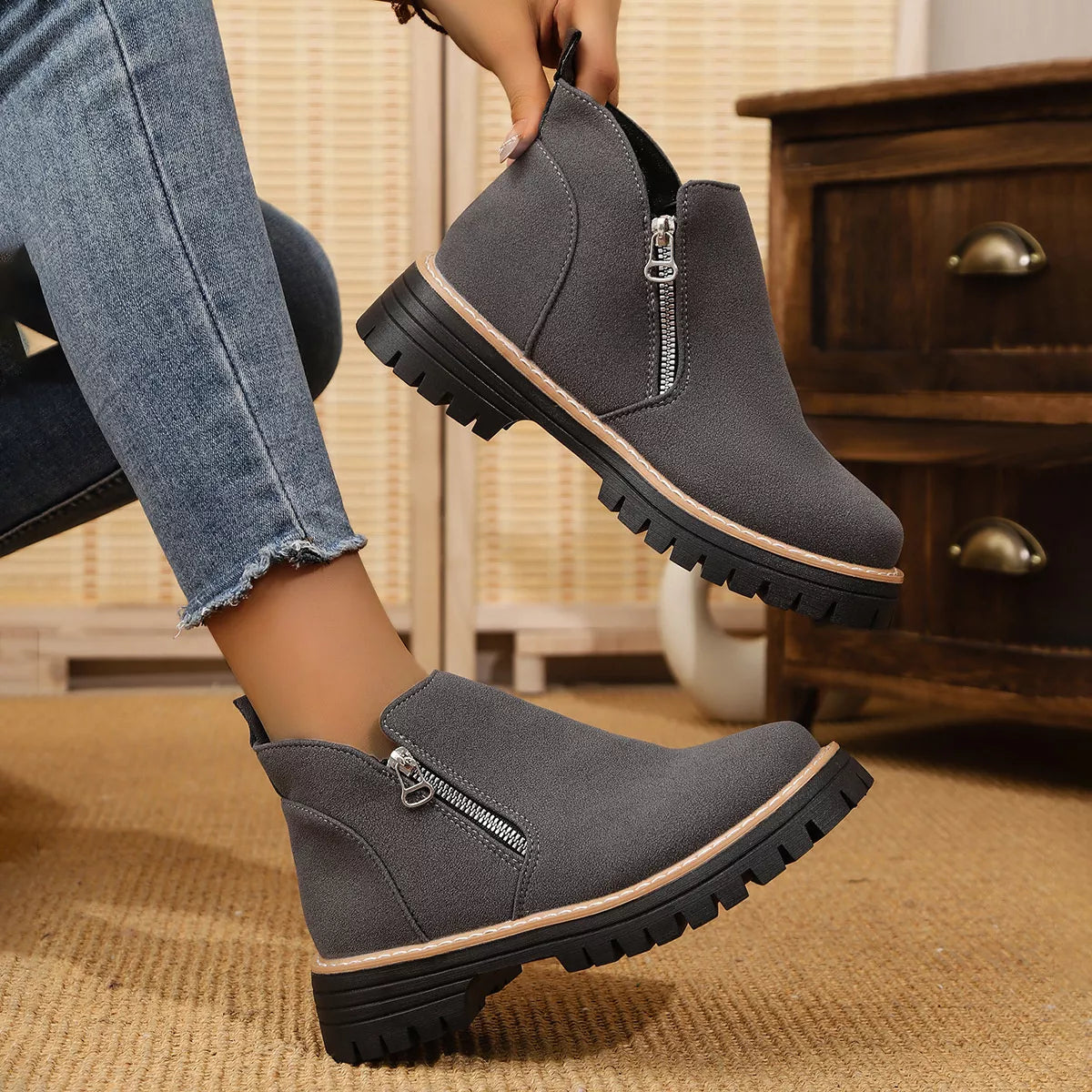 Trendsi ankle boots with zipper accent, stylish footwear featuring a sleek design and modern zipper detail.
