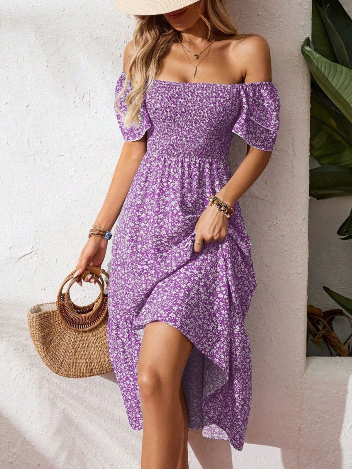 Floral print smocked ruffle sleeve midi dress by Plush Fashion Hub, lightweight summer dress with feminine floral pattern and relaxed fit.
